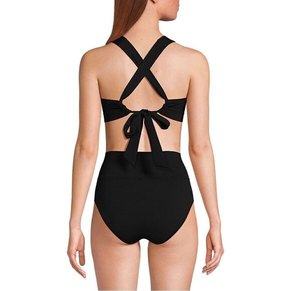 Land's End two piece V Neck bikini top high leg high waisted bottoms blk Large - Picture 3 of 4